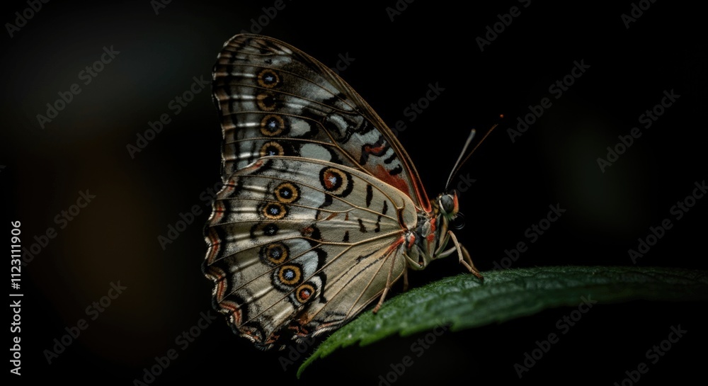 Obraz premium Close-up of colorful butterfly on leaf against black background