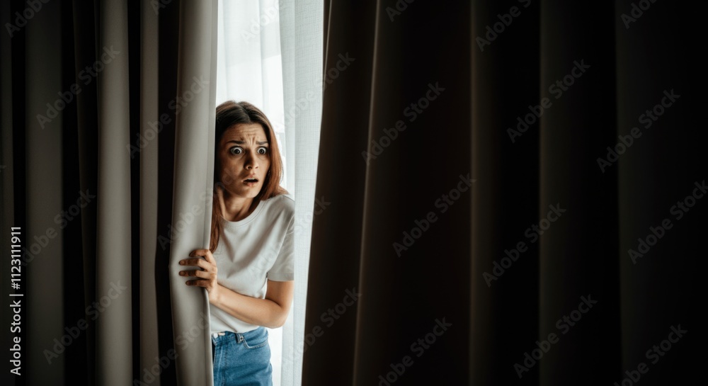 Fototapeta premium Caucasian young female peeking out from behind curtains with surprised expression