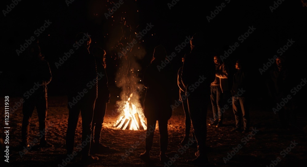 Fototapeta premium Group of diverse adults enjoying a campfire at night