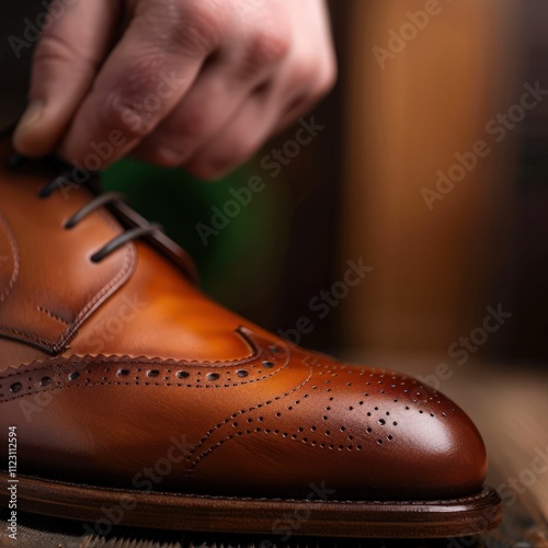 A close-up of a hand tying laces on a polished brown leather brogue shoe, showcasing craftsmanship and attention to detail.