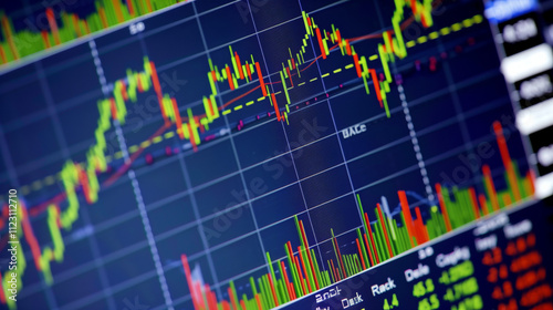 Close-up of digital stock market screen showing upward trend graph, symbolizing stock buyback, financial charts and candlestick patterns in background.
