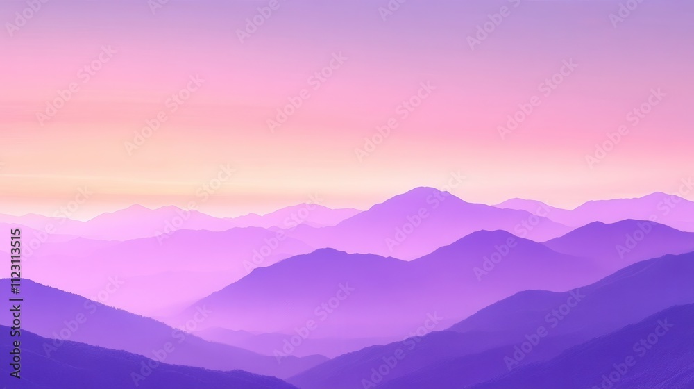 Obraz premium Serene pastel purple mountain range at sunrise, hazy atmospheric perspective.