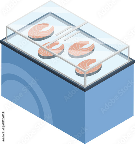 Refrigerated display case showing salmon steaks, ideal for illustrating concepts related to supermarkets, grocery stores, fish shops, fresh food, seafood, or healthy eating