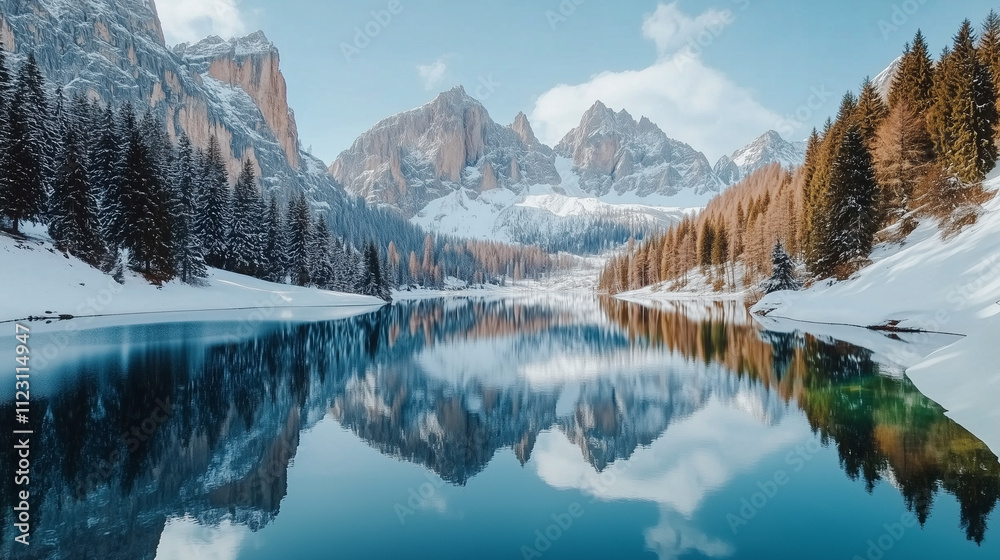 Alpine lake surrounded by mesmerizing mountain landscape, snowy valley, snowy landscape for touristic advertisement poster. Beautiful view of a lake in mountains. Snowy forests, winter landscape. Alpine lake surrounded by mesmerizing mountain landscape, snowy valley, snowy landscape for touristic advertisement poster. Beautiful view of a lake in mountains. Snowy forests, winter landscape.