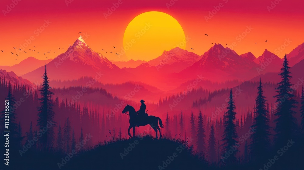 Fototapeta premium A silhouette of a rider on horseback against a vibrant sunset over mountains, creating a serene and adventurous atmosphere.