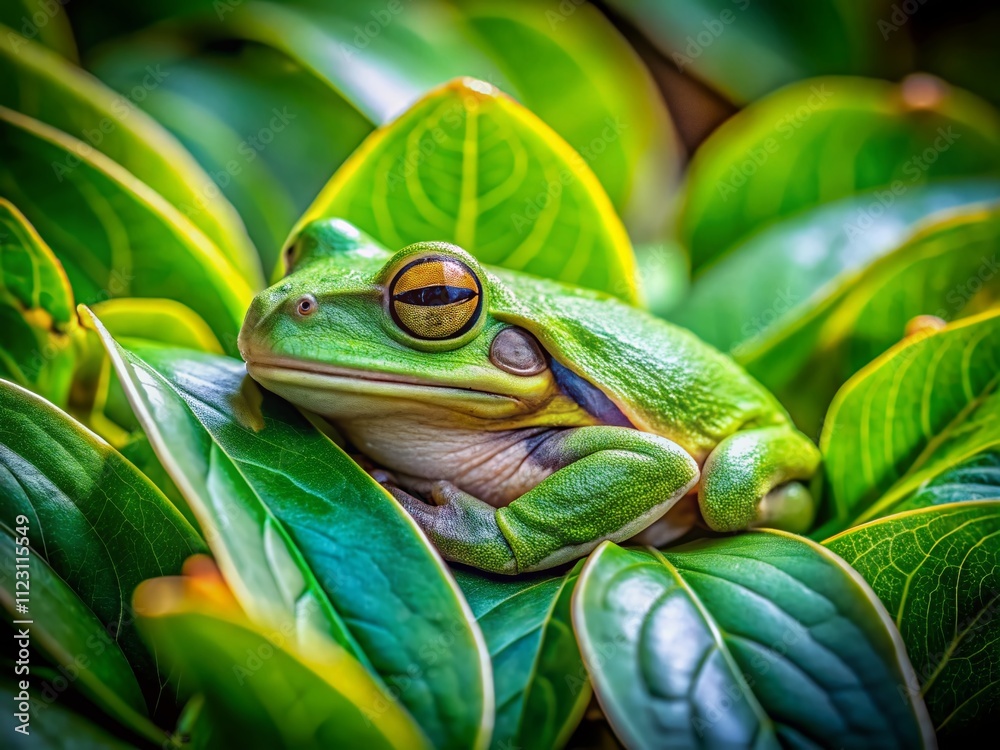 Φωτογραφία Tranquil Macro Photography of a Sleepy Frog Nestled Among Leaves in a Lush Green