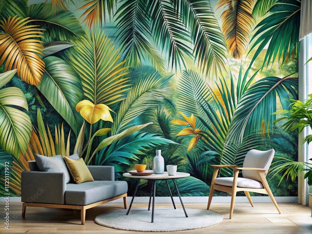 Fototapeta premium Tropical Palm Leaves Abstract Drawing for Decorative Wall Wallpaper in Modern Room Design, Featuring Lush Greenery and Exotic Vibes for a Relaxing Atmosphere