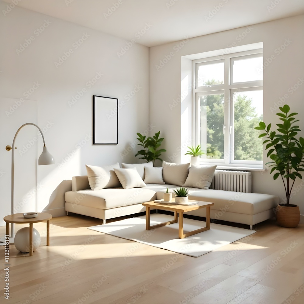 Obraz premium A bright and airy living room with large windows, white walls, and a wooden floor. The room features a beige sectional sofa, a wooden coffee table