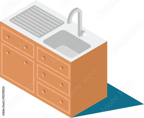 Modern kitchen sink cabinet featuring a built in drying rack, faucet, and multiple drawers is presented in an isometric view, providing a comprehensive perspective of its design and functionality