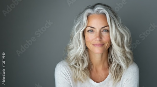 A dignified, silver-haired woman smiling warmly, exuding confidence and wisdom, set against a muted gray wall, capturing the essence of ageless beauty and grace. photo