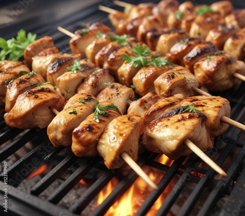 A juicy chicken skewer sizzling on a grill, with a golden-brown color and a sprinkle of parsley , meat on stick, barbecue grill, churrasqueira photo