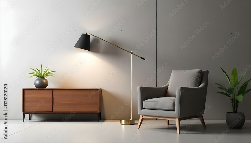 A modern living room with a wooden cabinet, a gray armchair, and a floor lamp with a triangular shade against a concrete wall A modern living room with a wooden cabinet, a gray armchair, and a floor lamp with a triangular shade against a concrete wall