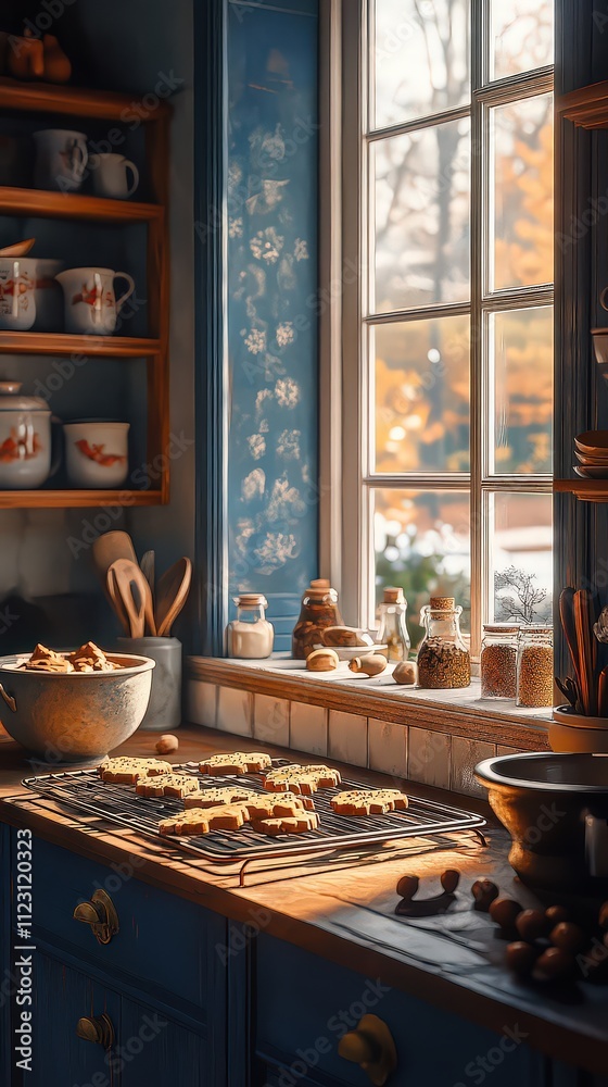 Rustic kitchen with cookies cooling on a rack, bowls, and warm light streaming through a window, creating a cozy baking atmosphere. Rustic kitchen with cookies cooling on a rack, bowls, and warm light streaming through a window, creating a cozy baking atmosphere.