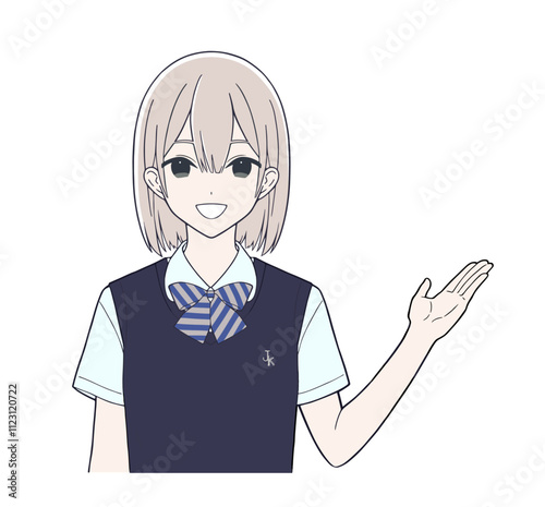 笑顔で説明をする漫画風の女子学生イラスト