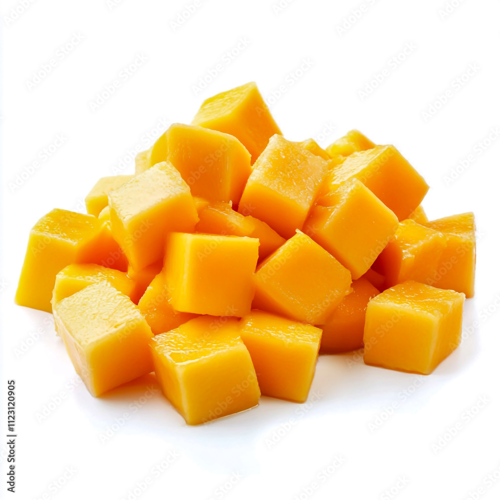 Fresh mango sliced into cubes, isolated on white background. Fresh mango sliced into cubes, isolated on white background.