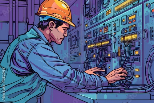 Engineer Working on Control Panel in Vibrant Industrial Style photo