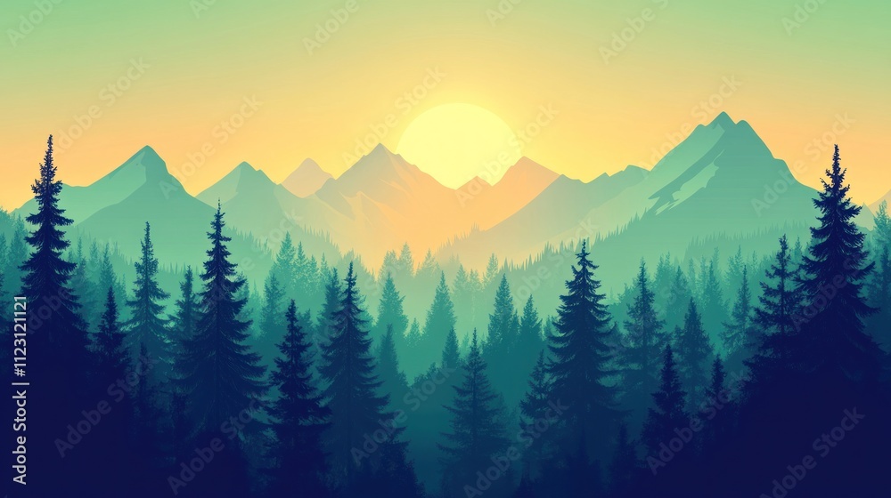 Fototapeta premium A serene landscape depicting mountains and a forest at sunrise, evoking tranquility and natural beauty.