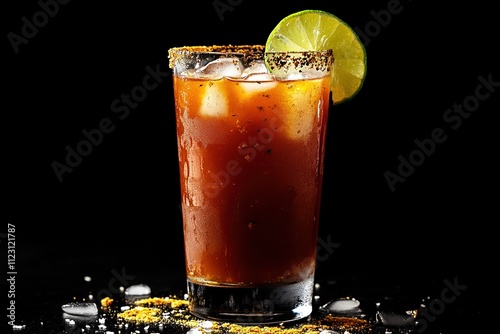 Photograph of a red michelada with lime, on a black background, high-resolution photography