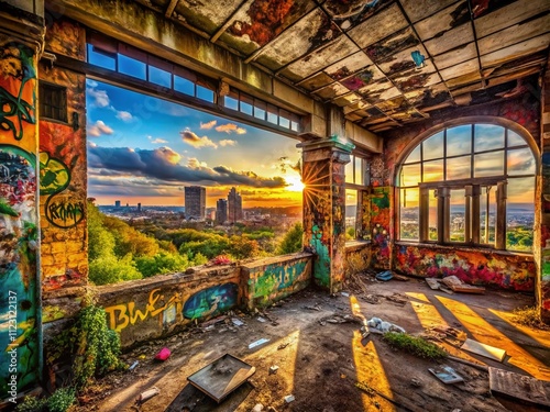 Urban Exploration Photography Capturing the Essence of Abandoned Buildings and Graffiti in a Vibrant Cityscape with Dynamic Lighting and Unique Perspectives photo