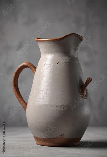 Beautifully crafted ceramic clay jug on a grey background with a rustic handle , handmade ceramics, traditional craft, pottery art photo