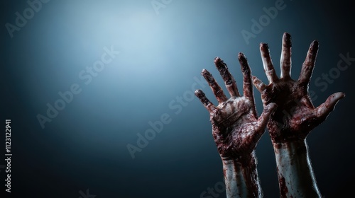 Two ominously blood-covered hands reach upwards in a dark, vacant space, suggesting themes of struggle, desperation, or a horror narrative, enhancing a chilling effect. photo