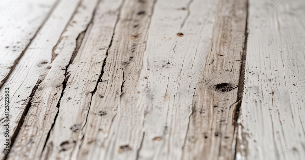 Obraz premium Close-up of a weathered wooden plank on a white background, aged wooden planks, weathered wood finish, rough-hewn wood boards