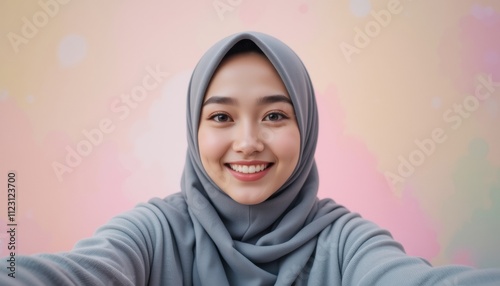 Smiling Muslim Woman in Grey Hijab Selfie Portrait