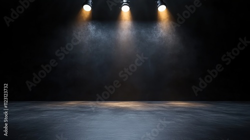 Three warm spotlights illuminate an empty stage, casting dramatic light and shadows against a dark backdrop, creating a sense of anticipation and mystery. photo