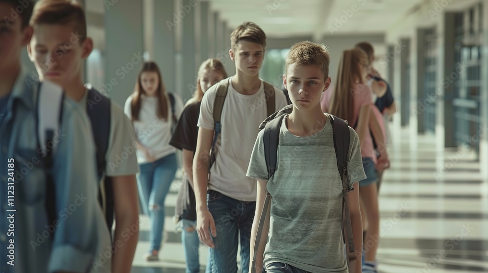 Obraz premium A Group of Teenage Students Walking in the High School Hallway, Chatting, Laughing, with Backpacks on Their Shoulders, Full of Youthful Energy.