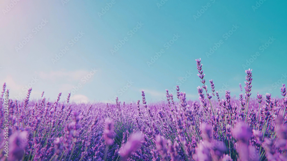 Obraz premium Expansive Lavender Field Underneath a Clear Blue Sky on a Sunny Day