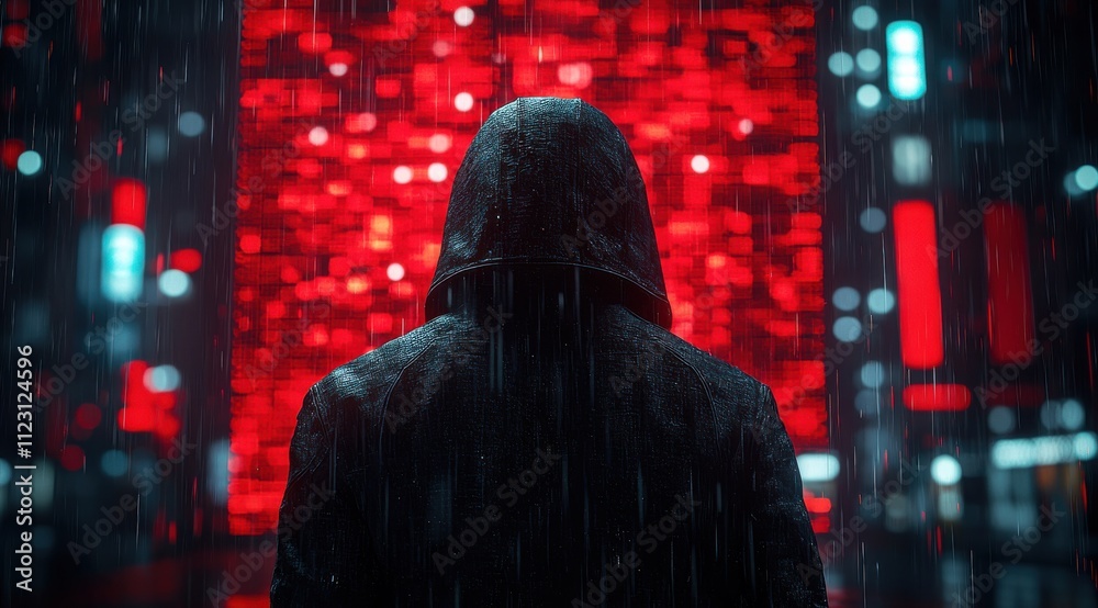 A man stands in front of a red curtain with a hood over his head A man stands in front of a red curtain with a hood over his head