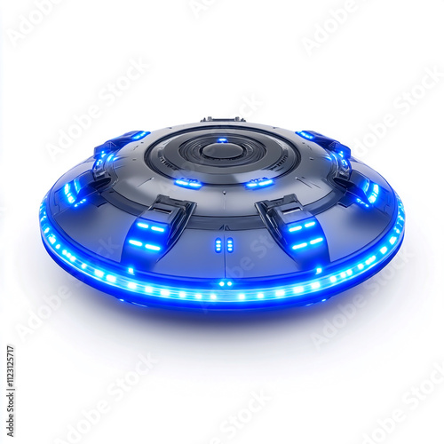 Futuristic flying saucer with blue lights, showcasing advanced extraterrestrial technology, isolated on white background. photo