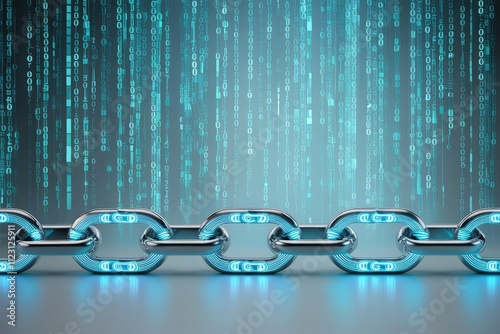 Cybersecure Elegance: Sleek Silver Blockchain Links with Glowing Cyan Encoded Patterns photo