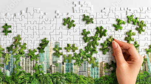 Assembling a jigsaw puzzle of a green cityscape symbolizing sustainable urban community efforts photo