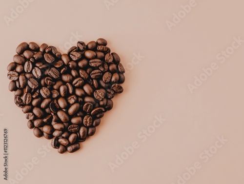 Heart-shaped arrangement of coffee beans on a beige background, symbolizing love for coffee. Minimalist design perfect for coffee-related themes or creative projects, AI