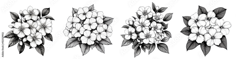 Fototapeta premium Elegant and minimalist monochrome featuring a stylized arrangement of aromatic jasmine flowers with their delicate blossoms and leaves in a modern botanical design