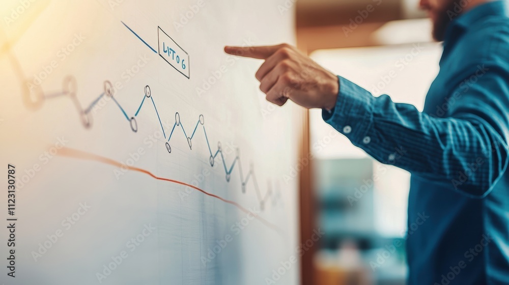 A person analyzing a graph on a wall in a professional setting. A person analyzing a graph on a wall in a professional setting.