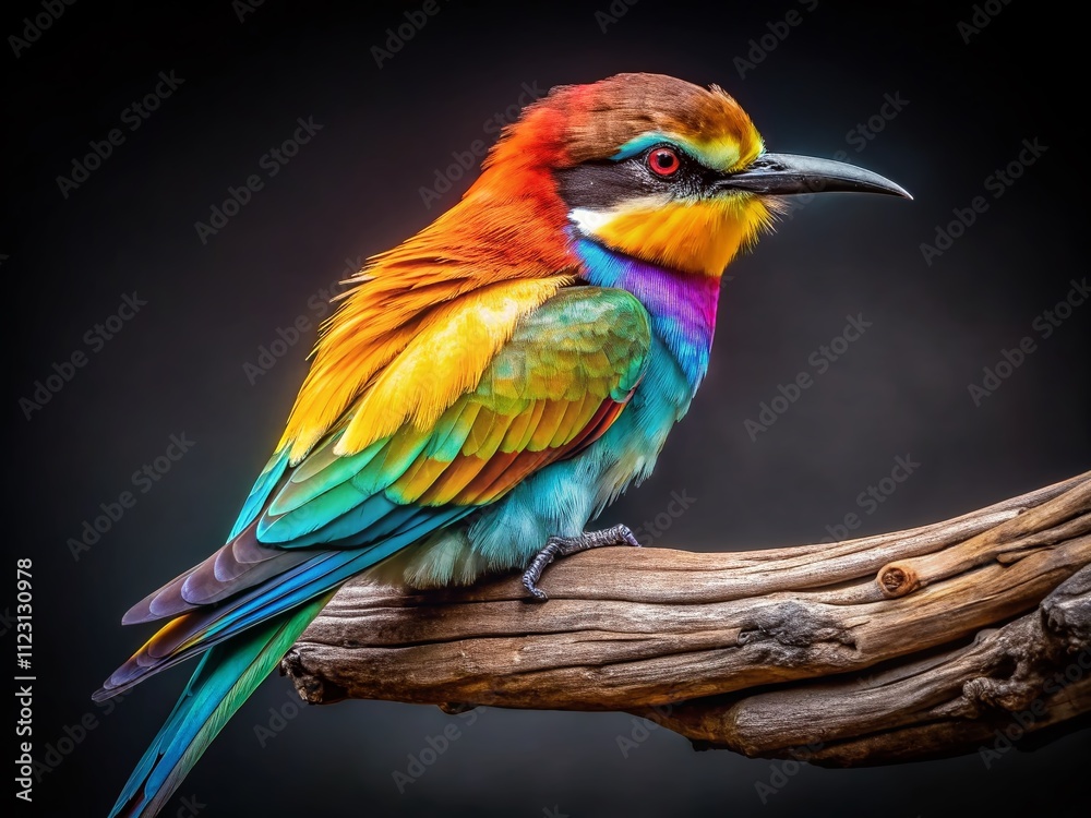 Fototapeta premium Vibrant Bird Perched on a Dry, Wrinkled Branch Against a Black Background, Showcasing Macro Photography of Nature's Colorful Beauty and Intricate Details