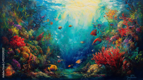 A land scape scane with colorful fishes swimming in colorful loation photo