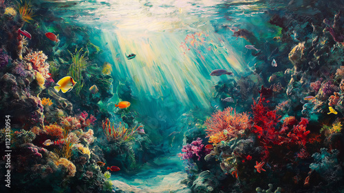 A land scape scane with colorful fishes swimming in colorful loation
