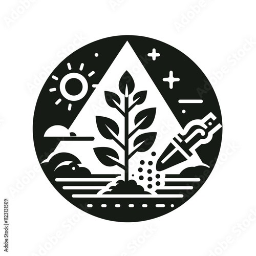 Planting a seedling in fertile soil with mountains and sun, symbolizing growth and sustainability