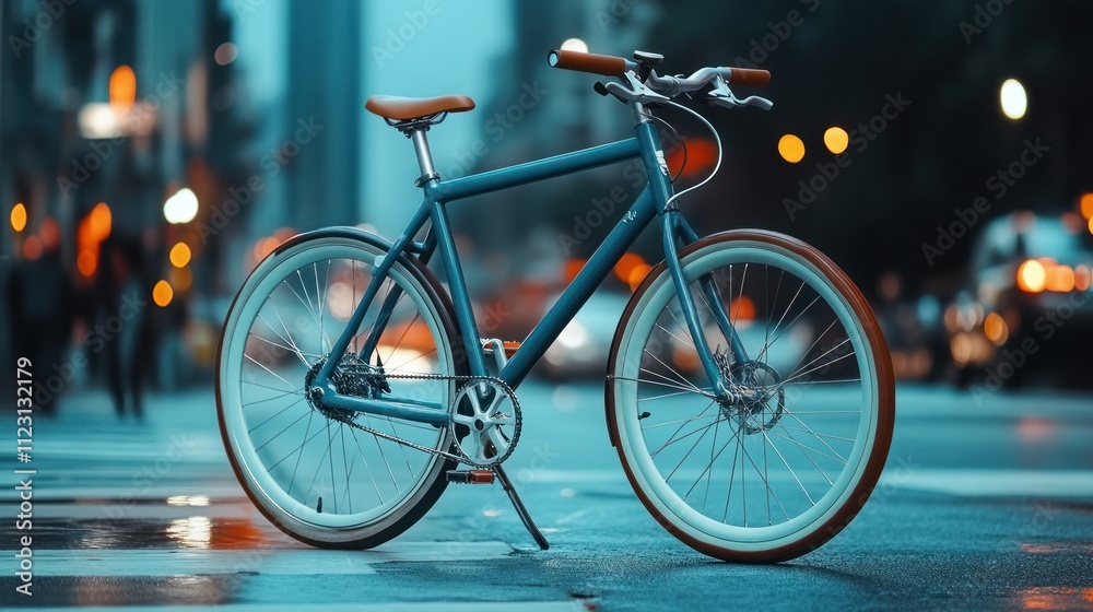 Fototapeta premium A Blue Bicycle Parked On A Wet City Street At Night