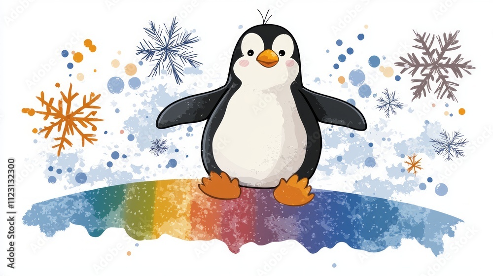 Fototapeta premium A happy penguin sliding down an icy rainbow slope, surrounded by snowflakes and icy sparkles.