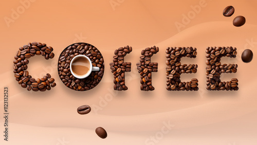 coffee beans background, 3d coffee beans on pastel background, with cup of coffee