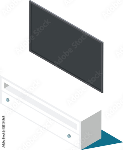 Flat screen television displaying a blank screen, mounted on the wall above a sleek white entertainment center with drawers, presented in isometric projection