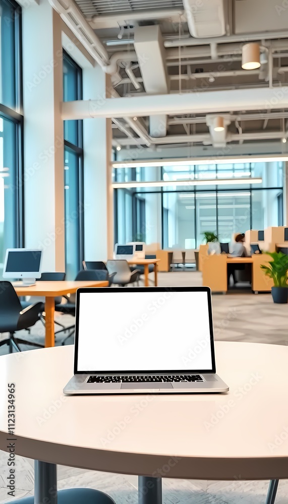 Fototapeta premium Laptop with White Mockup Screen in Office Setting