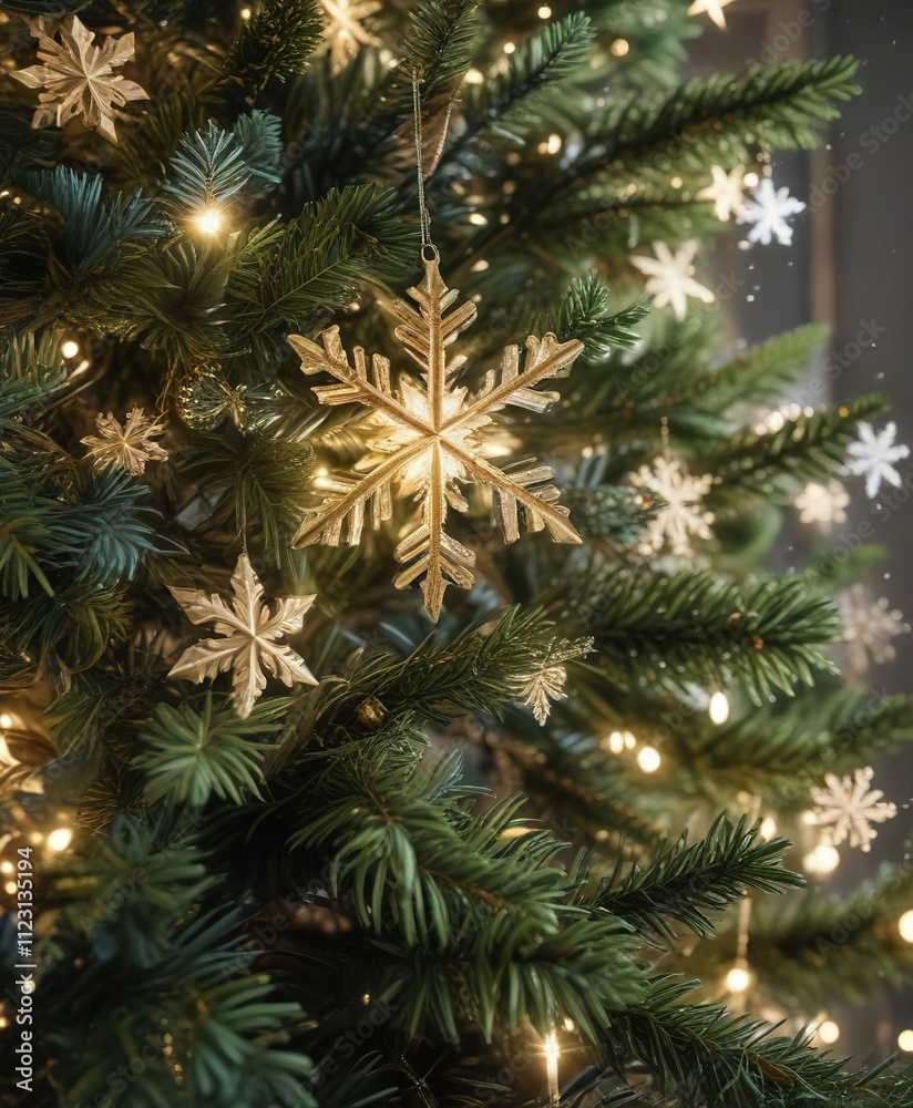 Obraz premium Sparkling snowflakes fall gently on a decorated Christmas tree , decorations, festive