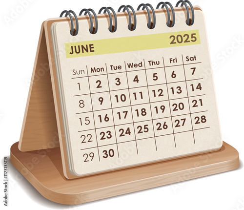 Illustration vector of June 2025 WOODEN and cardboard desktop Calendar