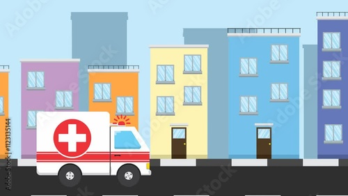 Concept animation of an ambulance driving down the road with sirens on with an urban background.