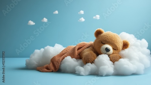 Cute teddy bear sleeping peacefully on soft clouds in blue sky background